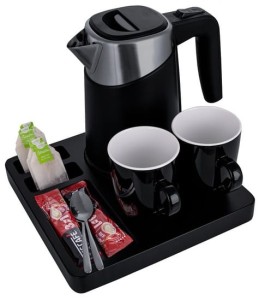 Zestaw powitalny do pokoju hotelowego, czajnik z tacą na filiżanki, dodatki DSTRAVELER BLACK III